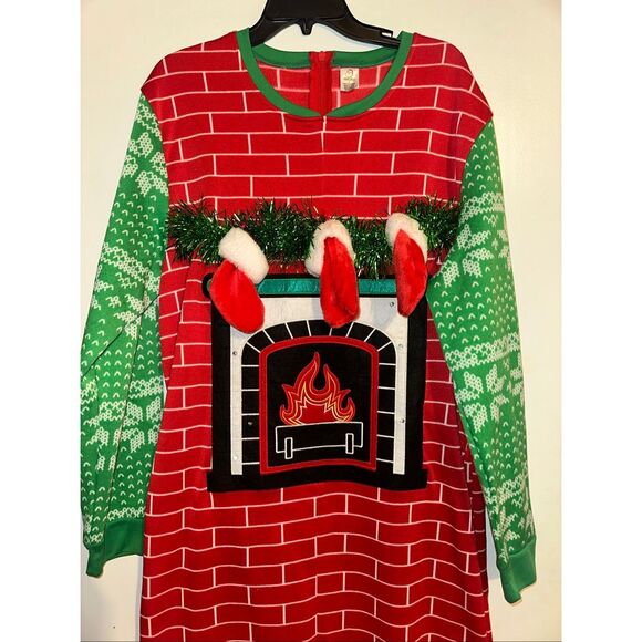 Christmas Pajamas One Piece Zip Suit Light Chimney Stockings Adult Large Red ugl - Picture 2 of 7